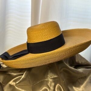 VINTAGE YSL Yves Saint Laurent Wide Brim Straw Sun Hat w/ Navy Blue Ribbon Band